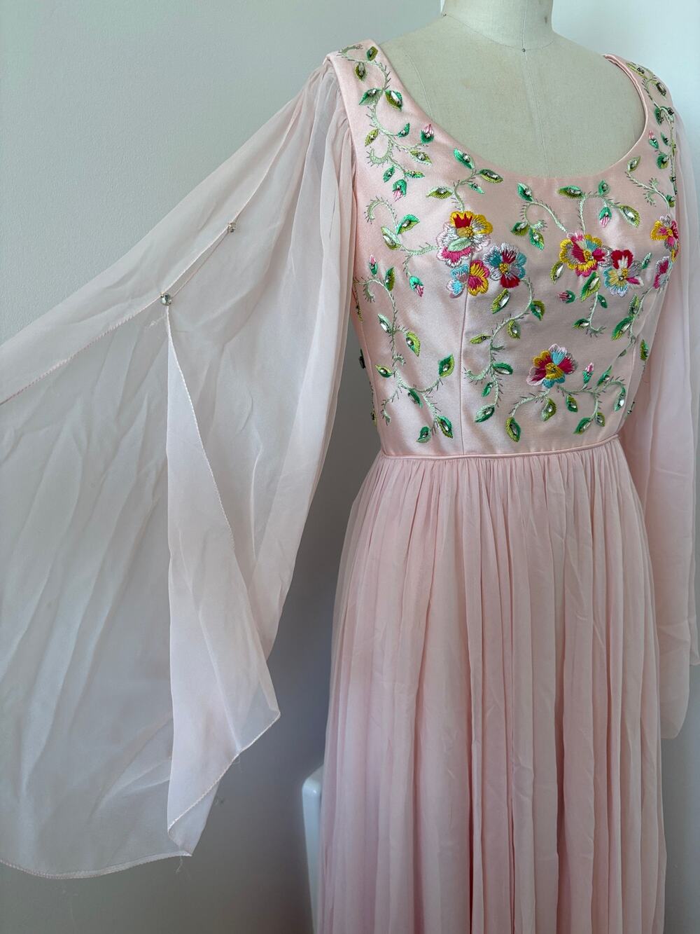 Cinderella Maxi Dress Sz S Princess Sheer Chiffon Ethereal Embellished VTG 40s